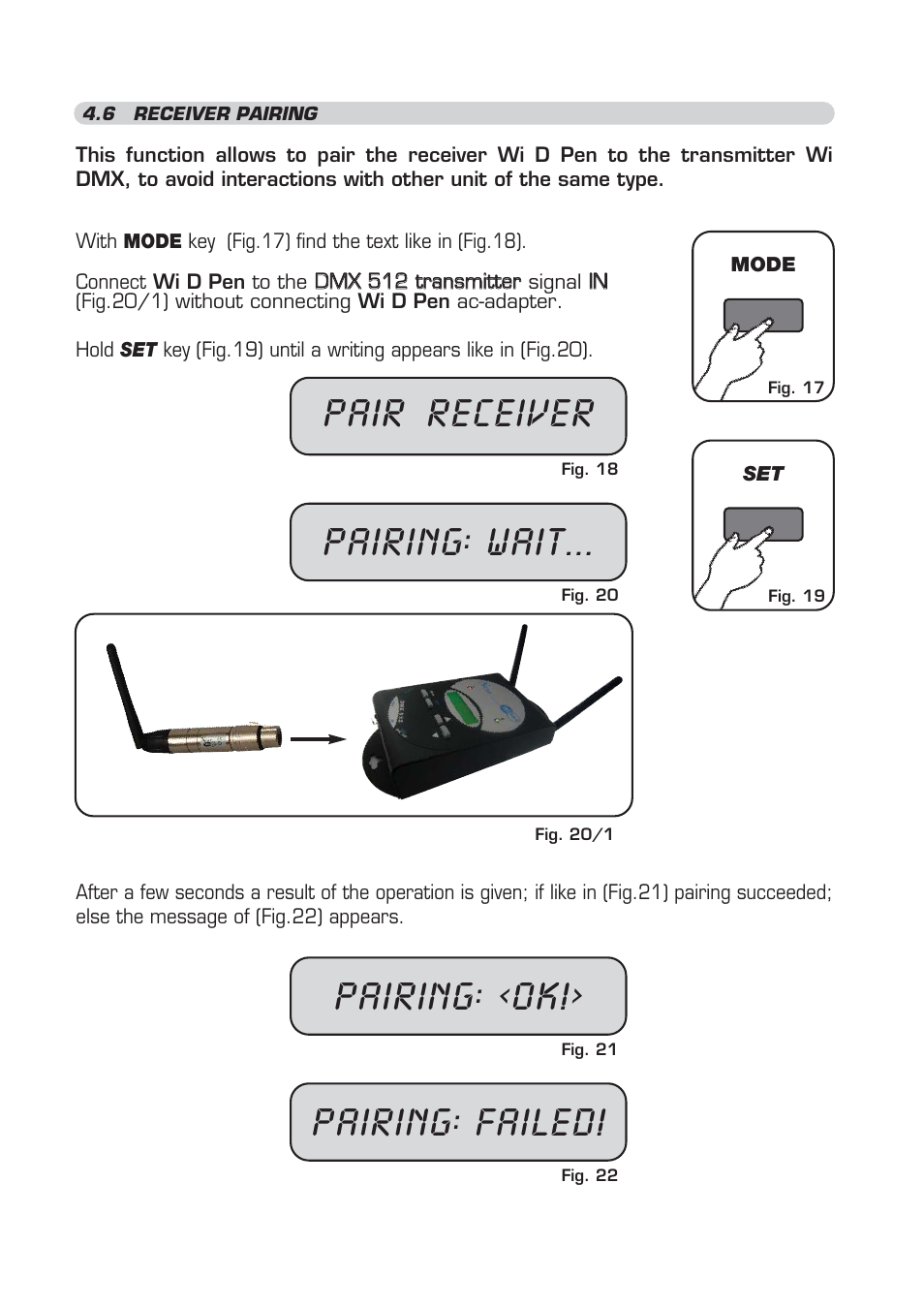 Pair receiver, Pairing, Wait | Failed | OmniSistem WiDMX Transceiver User Manual | Page 13 / 24