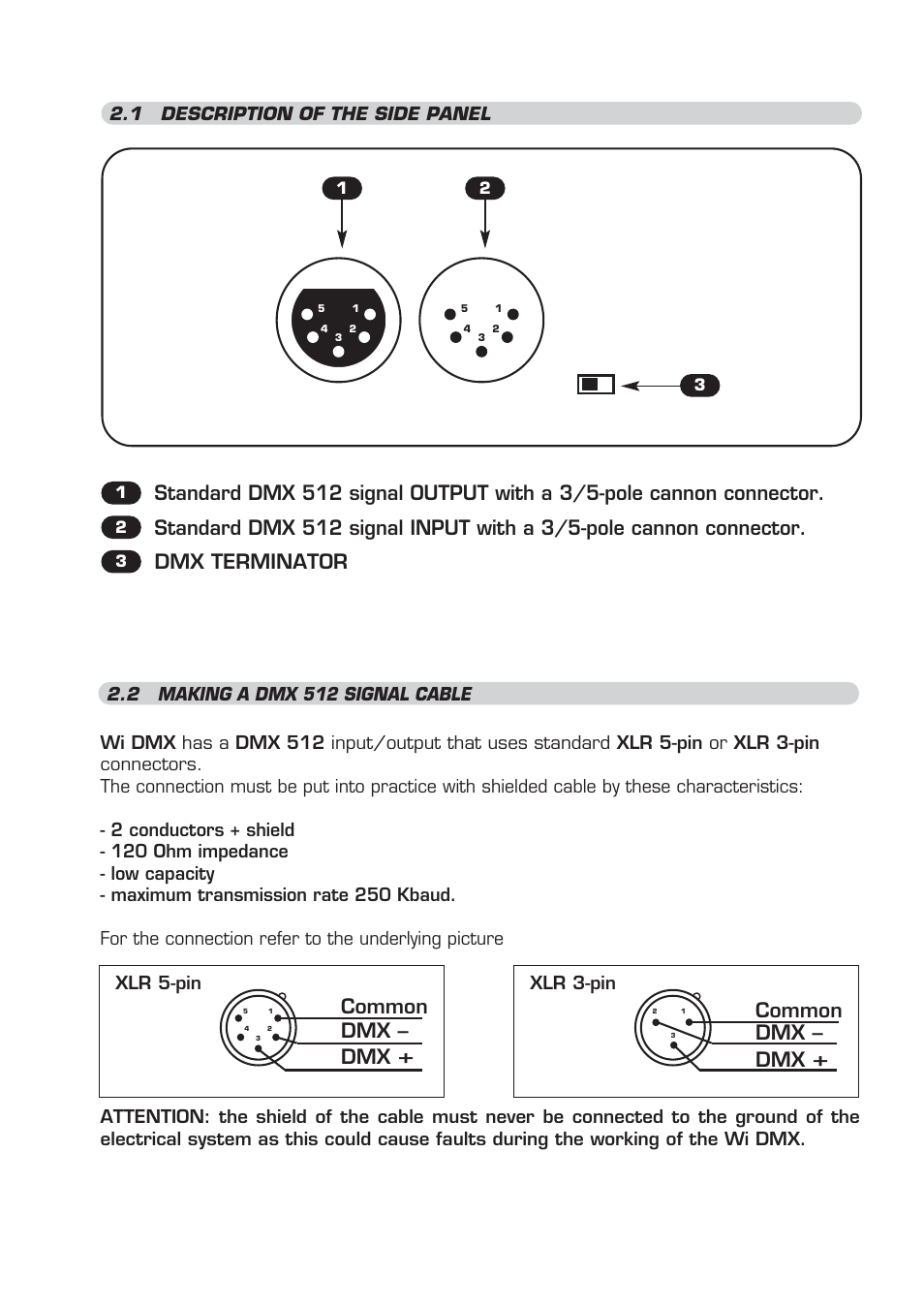 Dmx terminator, Common dmx - dmx, 1 description of the side panel | 2 making a dmx 512 signal cable, Xlr 5-pin, Xlr 3-pin | OmniSistem WiDMX Transceiver User Manual | Page 8 / 24
