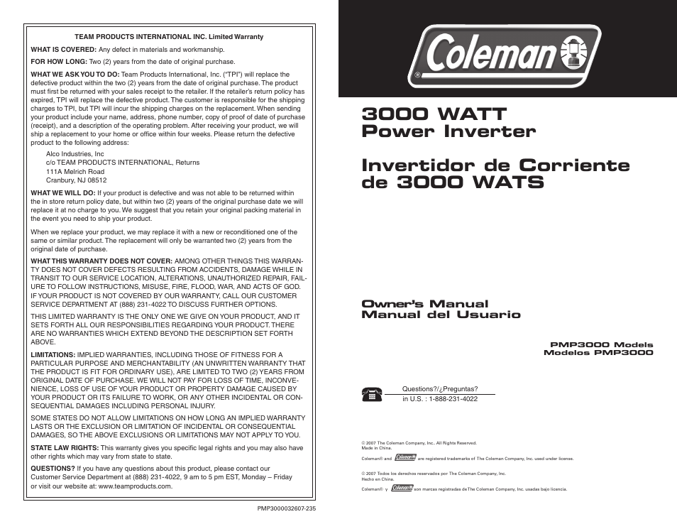 Coleman 3000 WATT Power Inverter User Manual | 12 pages