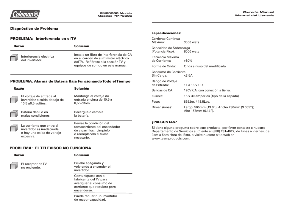 Coleman 3000 WATT Power Inverter User Manual | Page 11 / 12