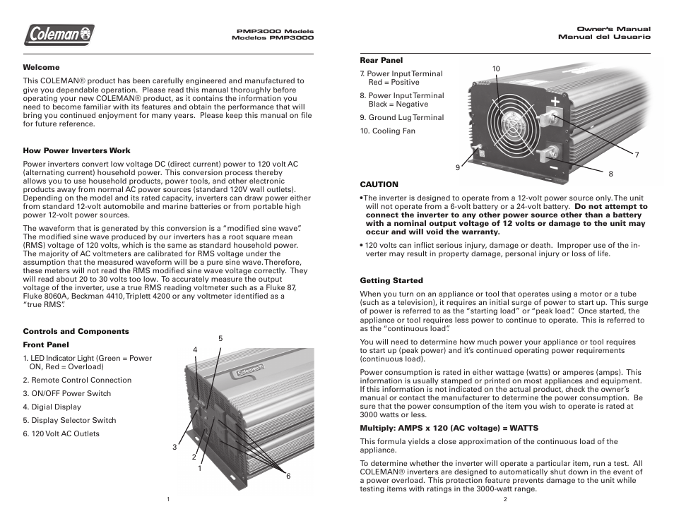 Coleman 3000 WATT Power Inverter User Manual | Page 2 / 12