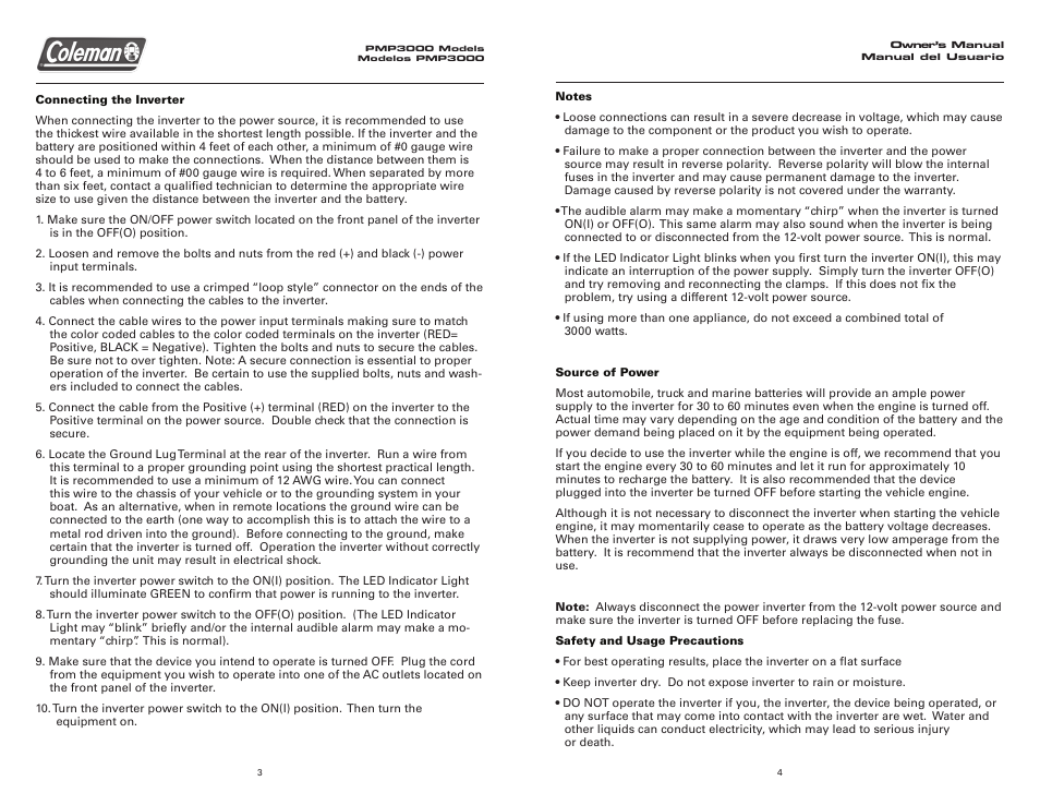 Coleman 3000 WATT Power Inverter User Manual | Page 3 / 12