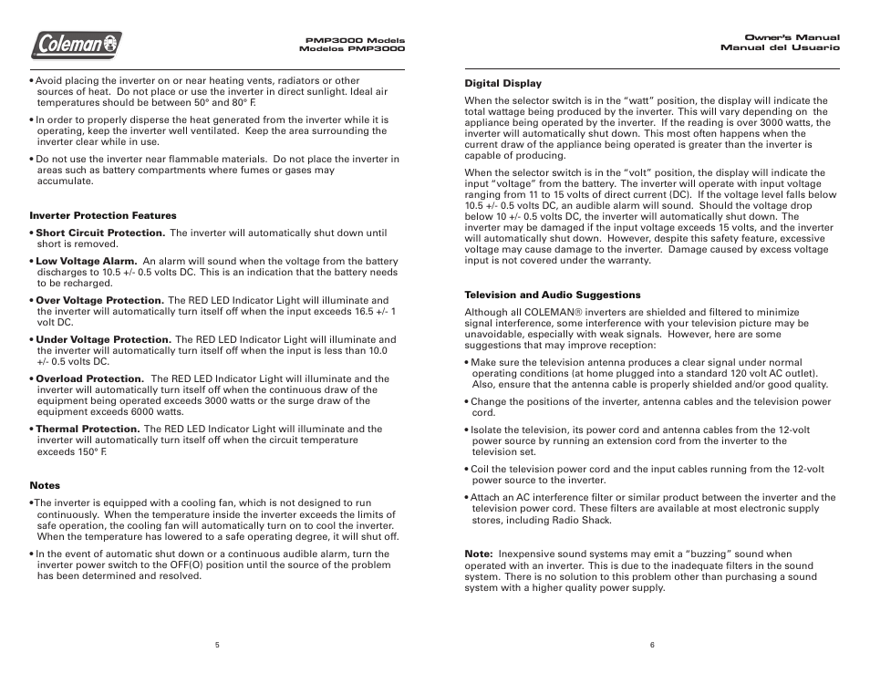 Coleman 3000 WATT Power Inverter User Manual | Page 4 / 12