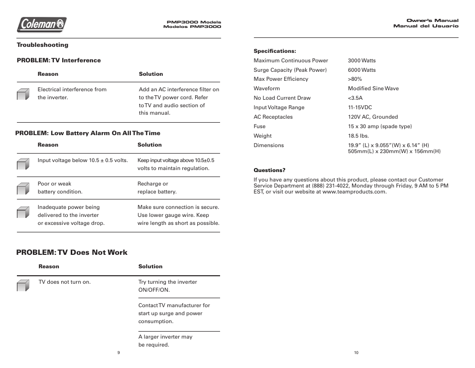 Problem: tv does not work | Coleman 3000 WATT Power Inverter User Manual | Page 6 / 12