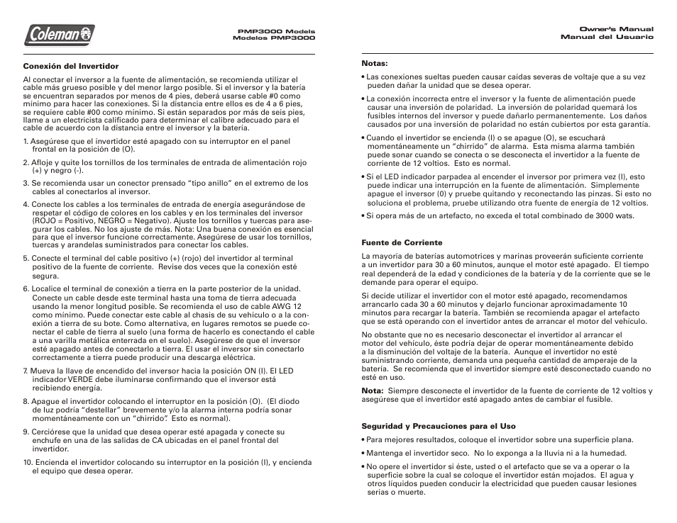 Coleman 3000 WATT Power Inverter User Manual | Page 8 / 12