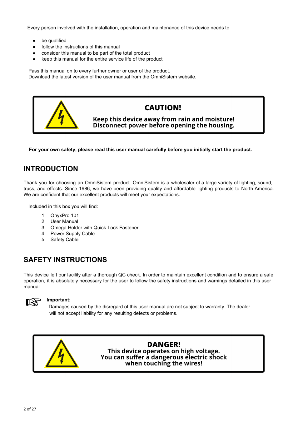 Introduction, Safety instructions | OmniSistem OnyxPro 101 User Manual | Page 2 / 27
