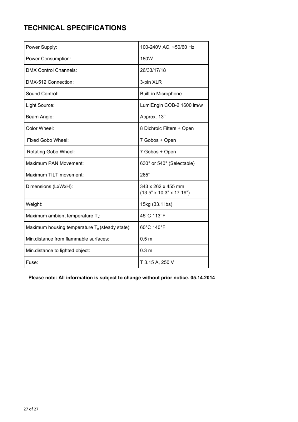 Technical specifications | OmniSistem OnyxPro 101 User Manual | Page 27 / 27