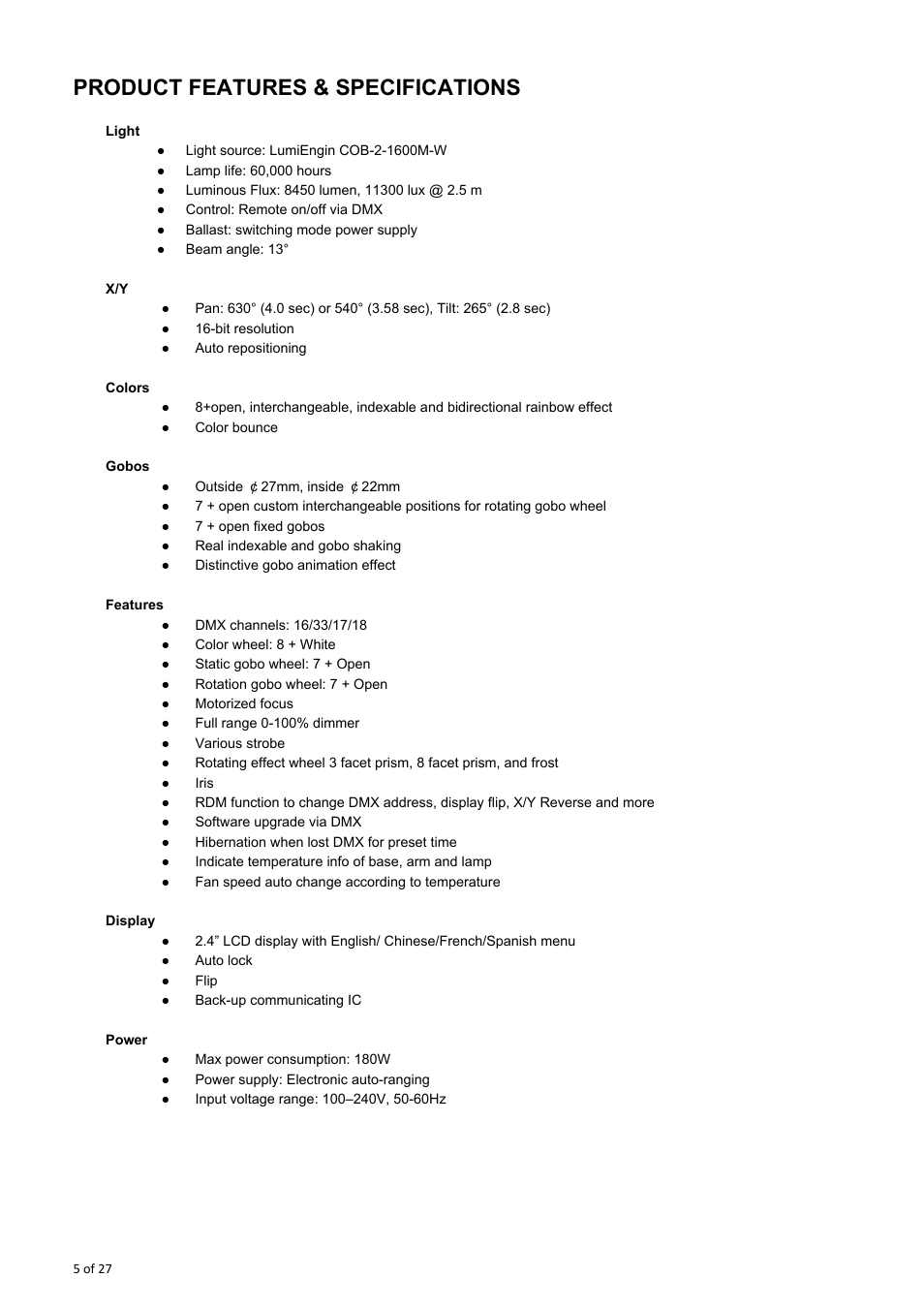 Product features & specifications | OmniSistem OnyxPro 101 User Manual | Page 5 / 27