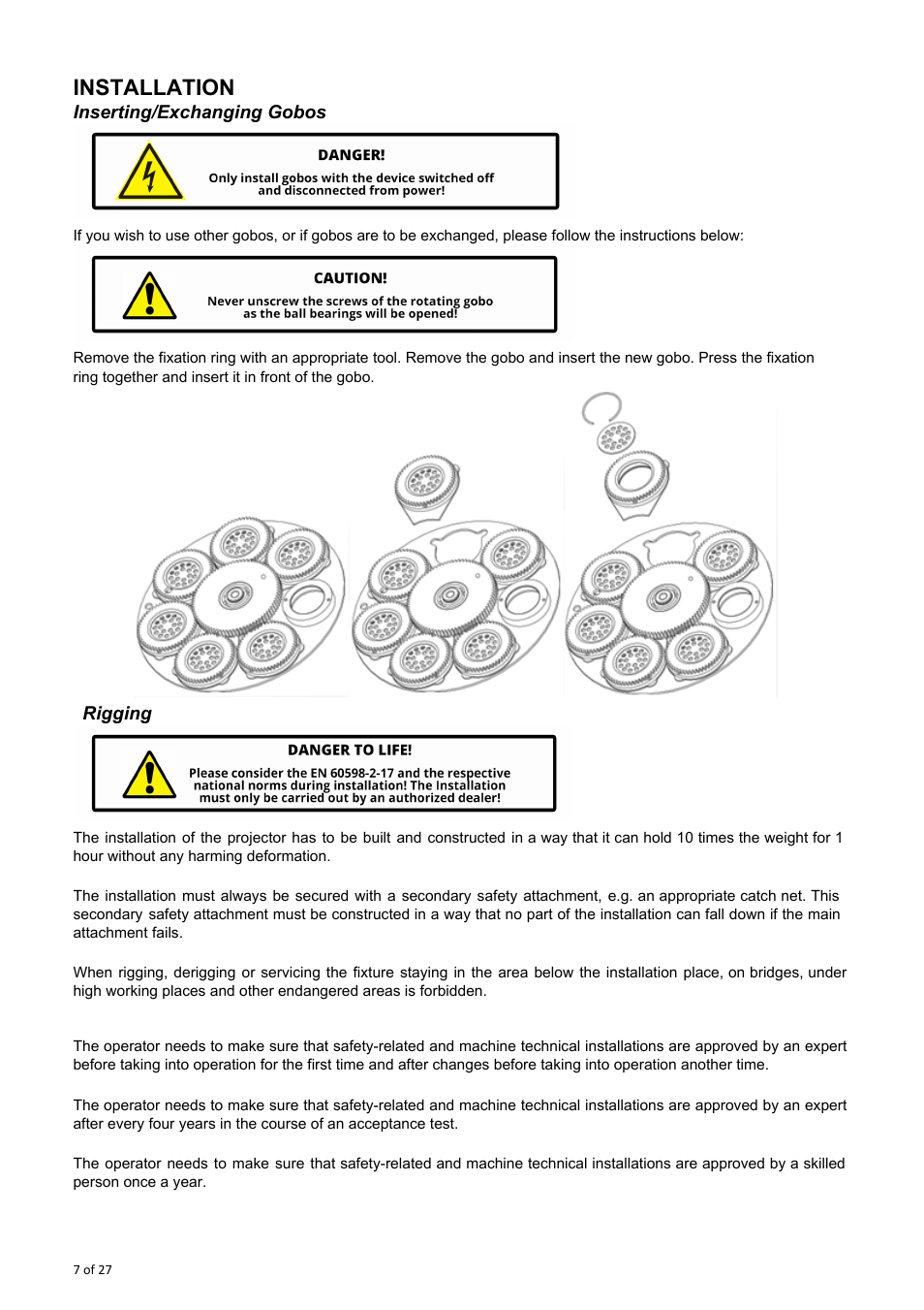 Installation, Inserting/exchanging gobos, Rigging | OmniSistem OnyxPro 101 User Manual | Page 7 / 27