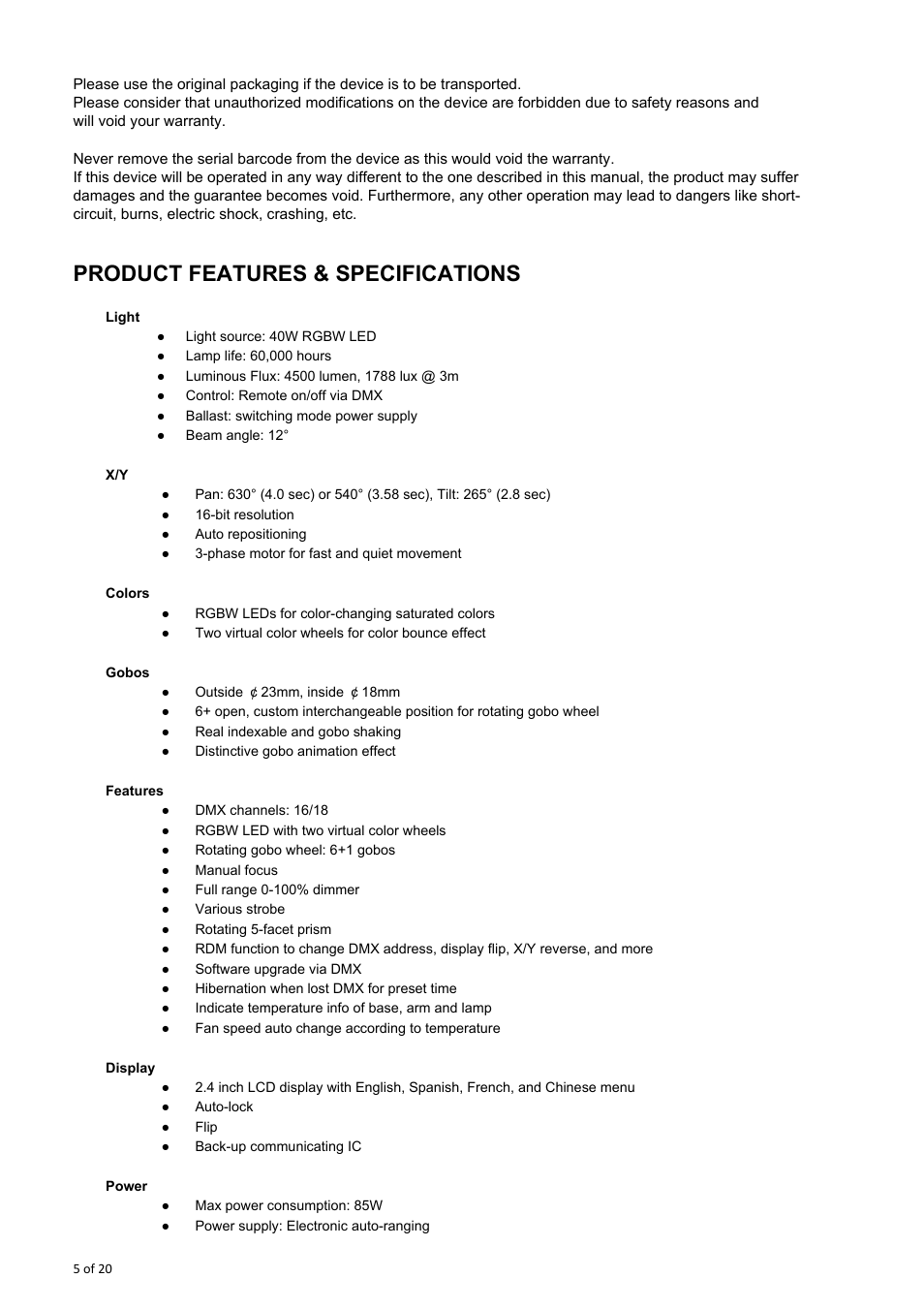 Product features & specifications | OmniSistem OnyxPro 40 User Manual | Page 5 / 20