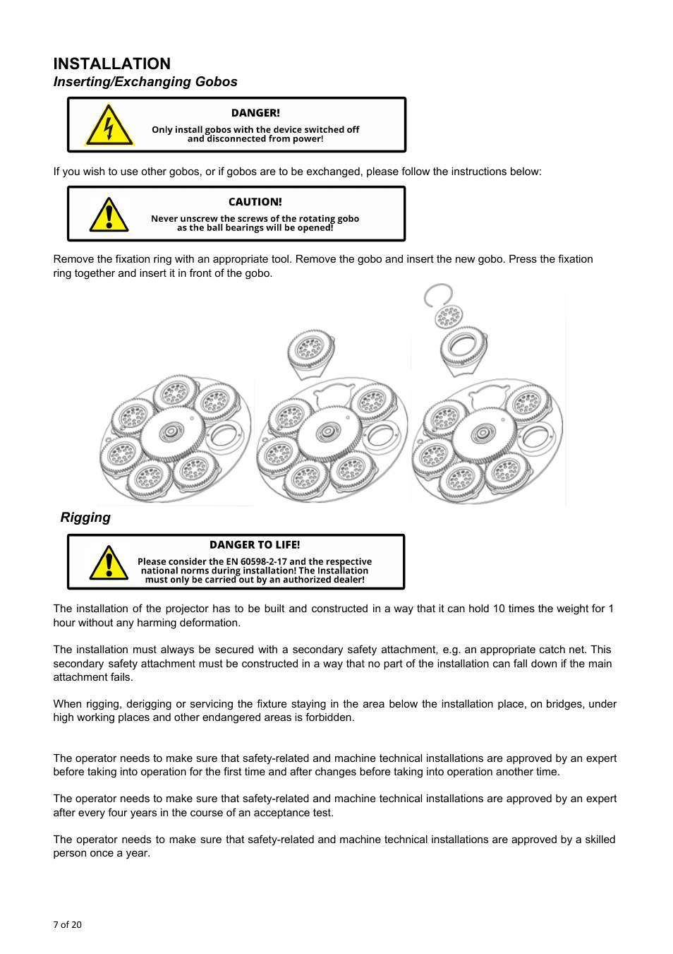 Installation, Inserting/exchanging gobos, Rigging | OmniSistem OnyxPro 40 User Manual | Page 7 / 20