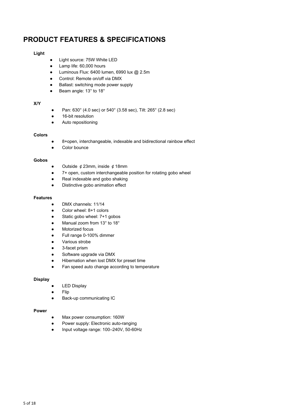 Product features & specifications | OmniSistem OnyxPro 75 User Manual | Page 5 / 18