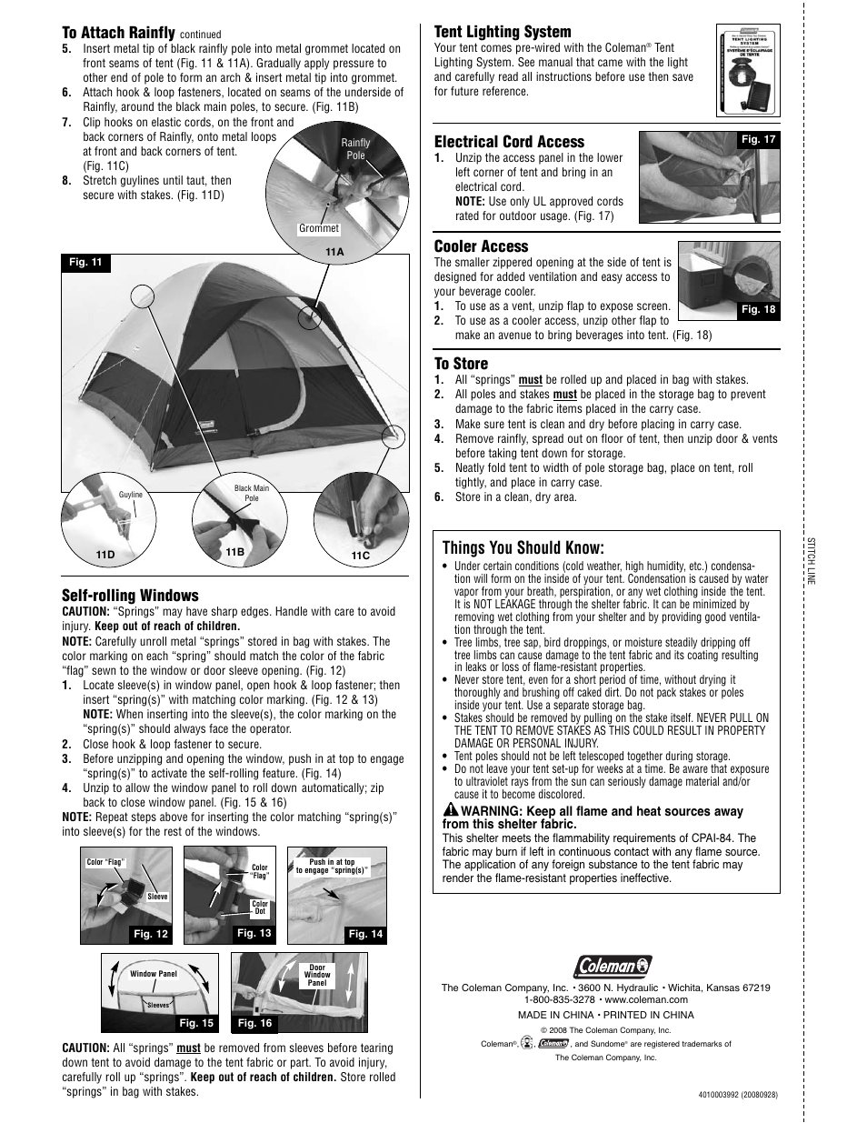 Things you should know, Tent lighting system, Cooler access | Electrical cord access, Self-rolling windows | Coleman 2000001585 User Manual | Page 2 / 2