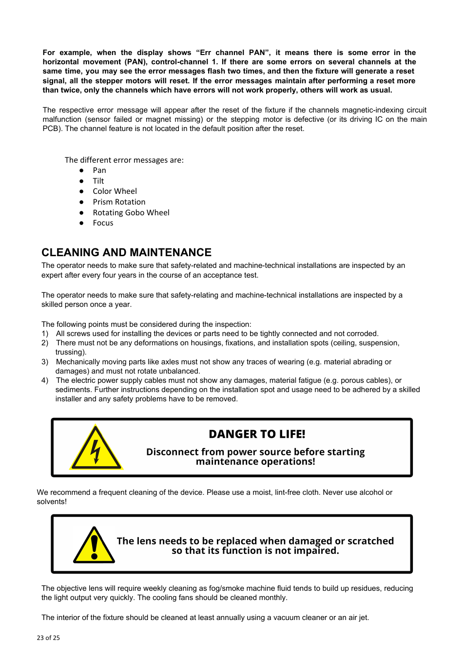 Cleaning and maintenance | OmniSistem Spark 7 Zoom User Manual | Page 23 / 25