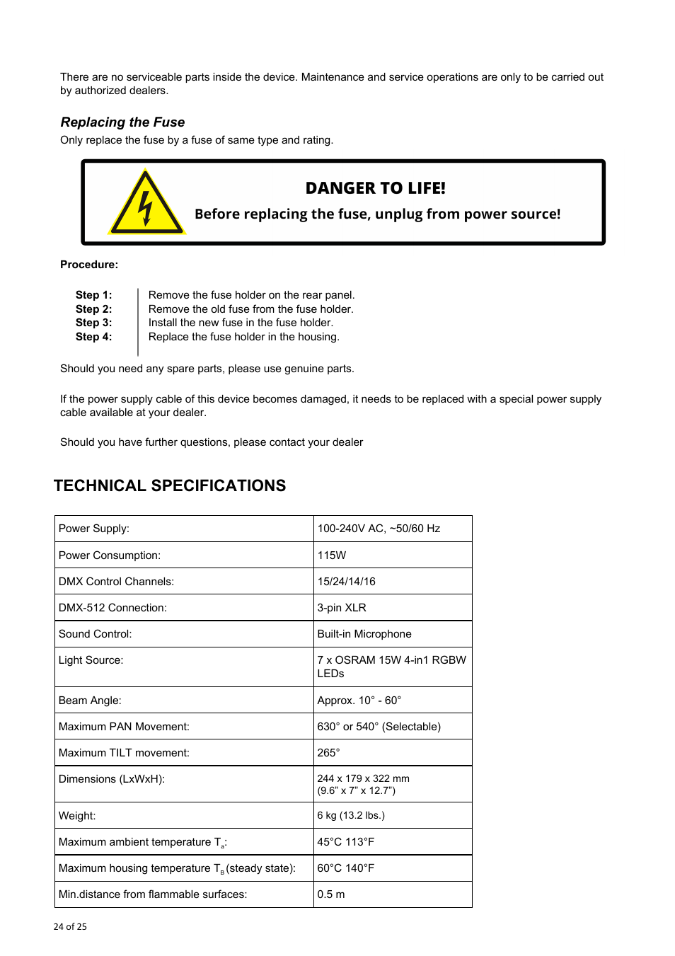 Technical specifications, Replacing the fuse | OmniSistem Spark 7 Zoom User Manual | Page 24 / 25