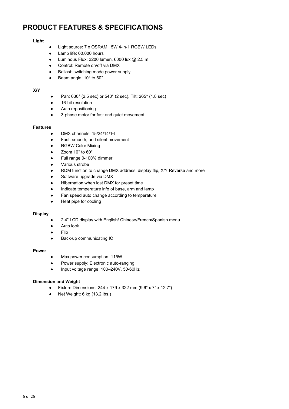 Product features & specifications | OmniSistem Spark 7 Zoom User Manual | Page 5 / 25