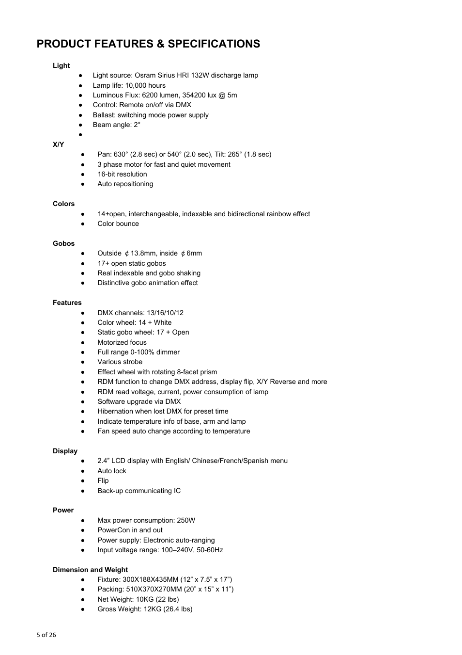 Product features & specifications | OmniSistem OnyxPro 132 User Manual | Page 5 / 26