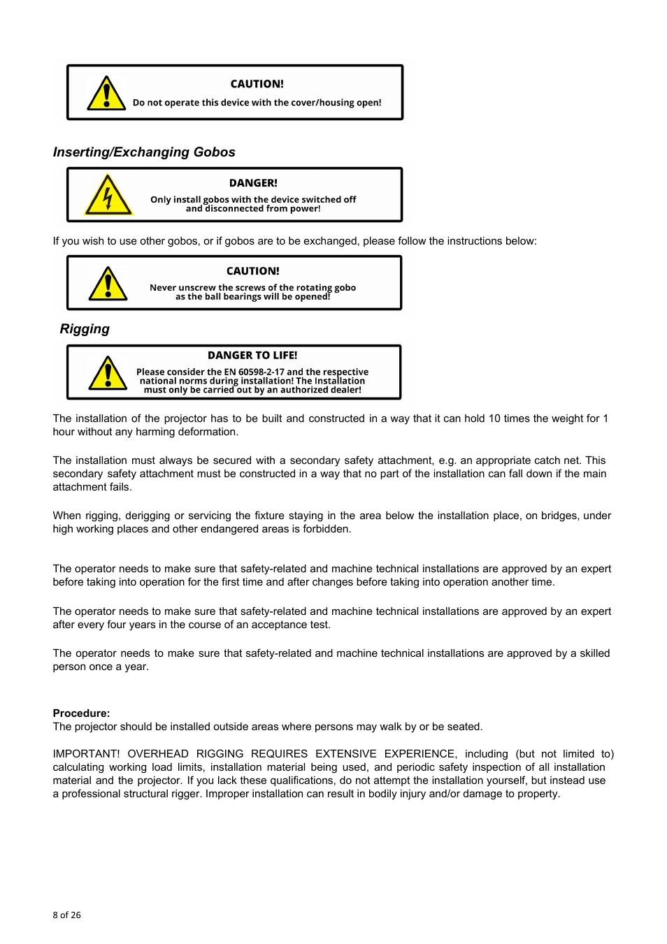 Inserting/exchanging gobos, Rigging | OmniSistem OnyxPro 132 User Manual | Page 8 / 26
