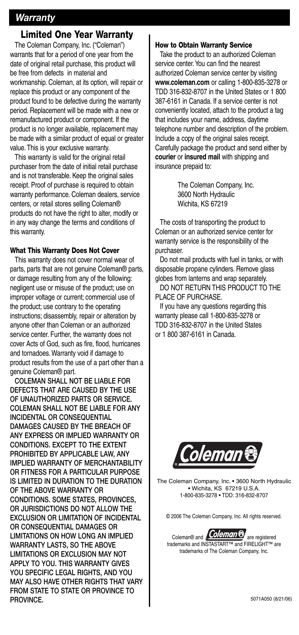 Limited one year warranty, Warranty | Coleman 5071 Series User Manual | Page 12 / 12