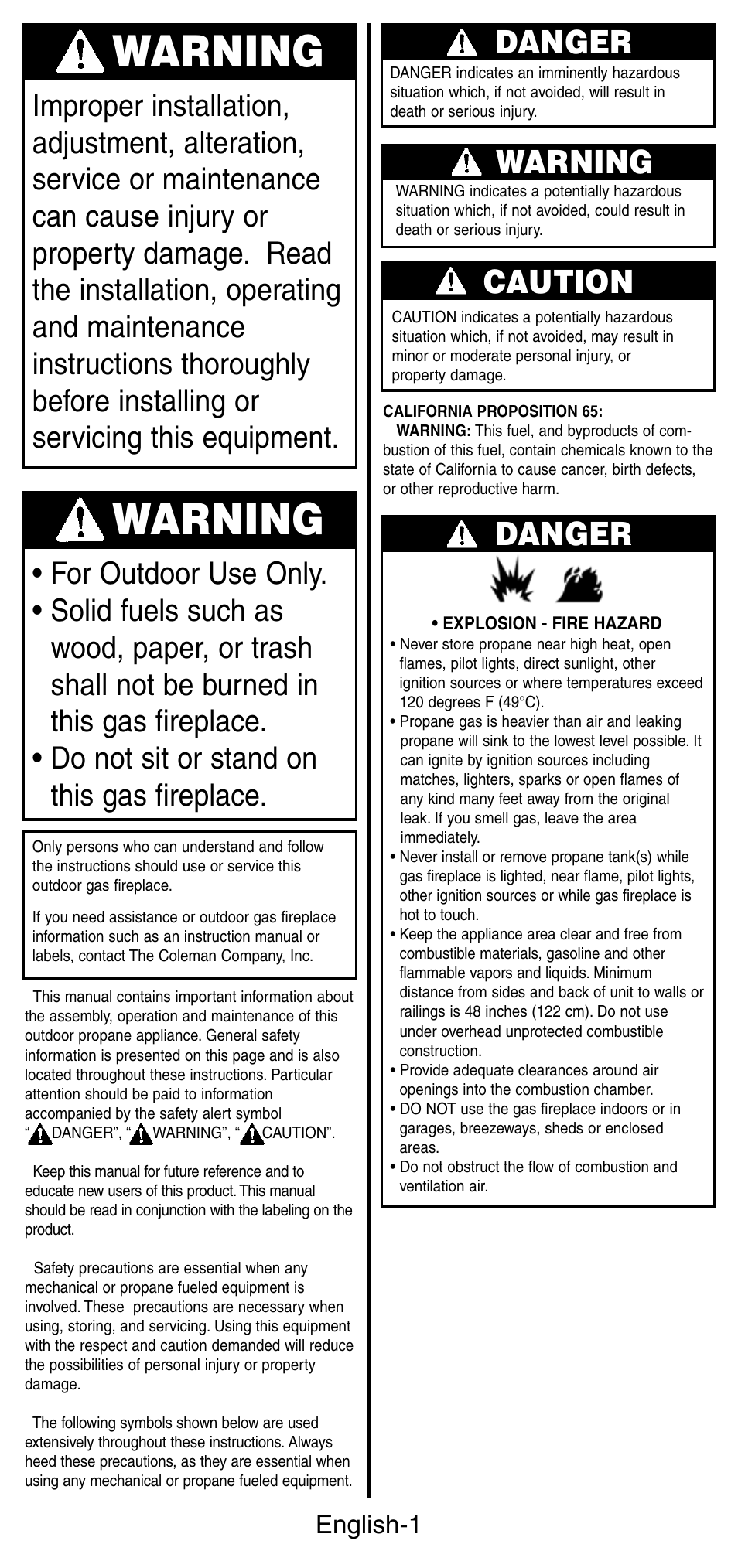 Warning, Danger, Caution | English-1 | Coleman 5071 Series User Manual | Page 2 / 12