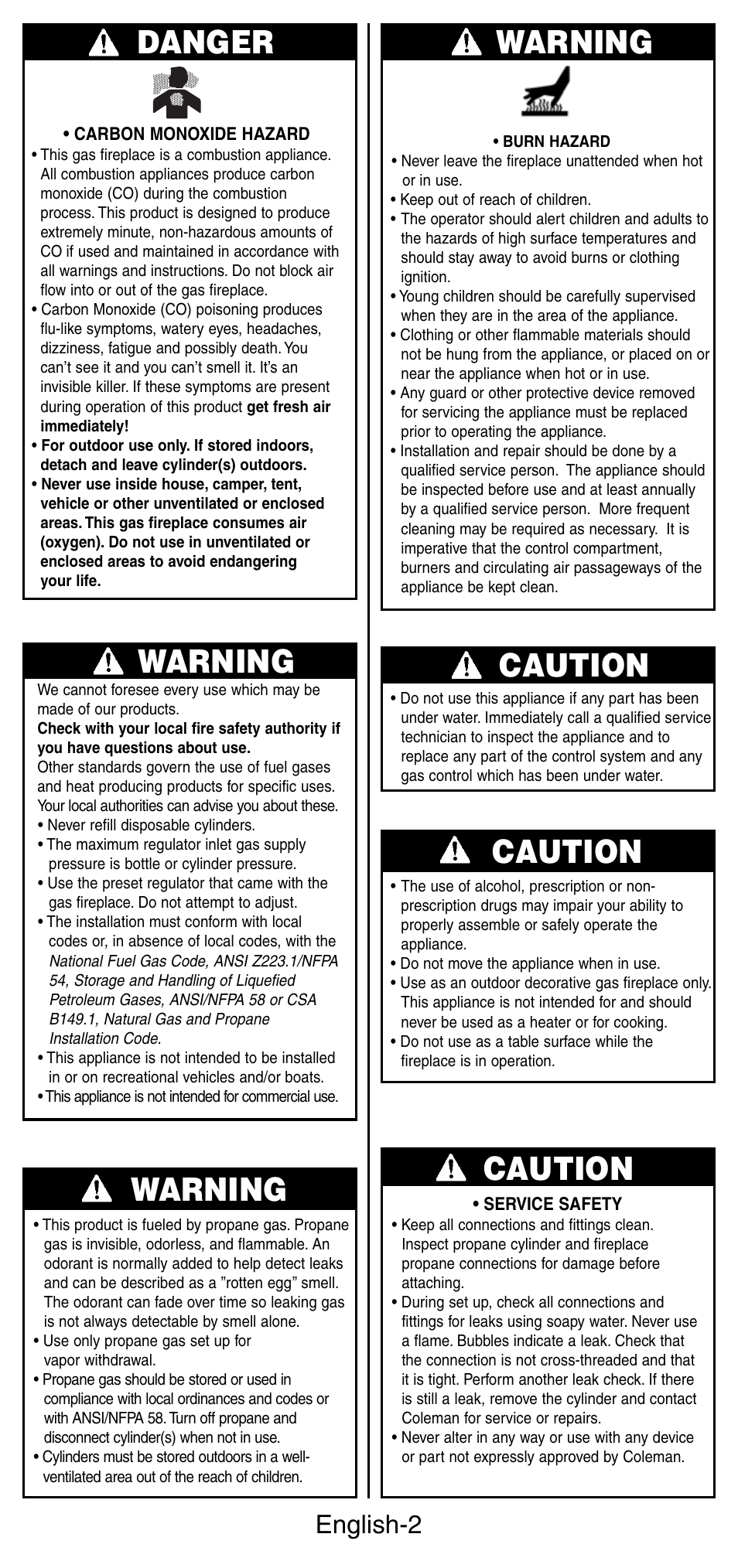 Warning, Danger, Caution warning | Caution, English-2 | Coleman 5071 Series User Manual | Page 3 / 12