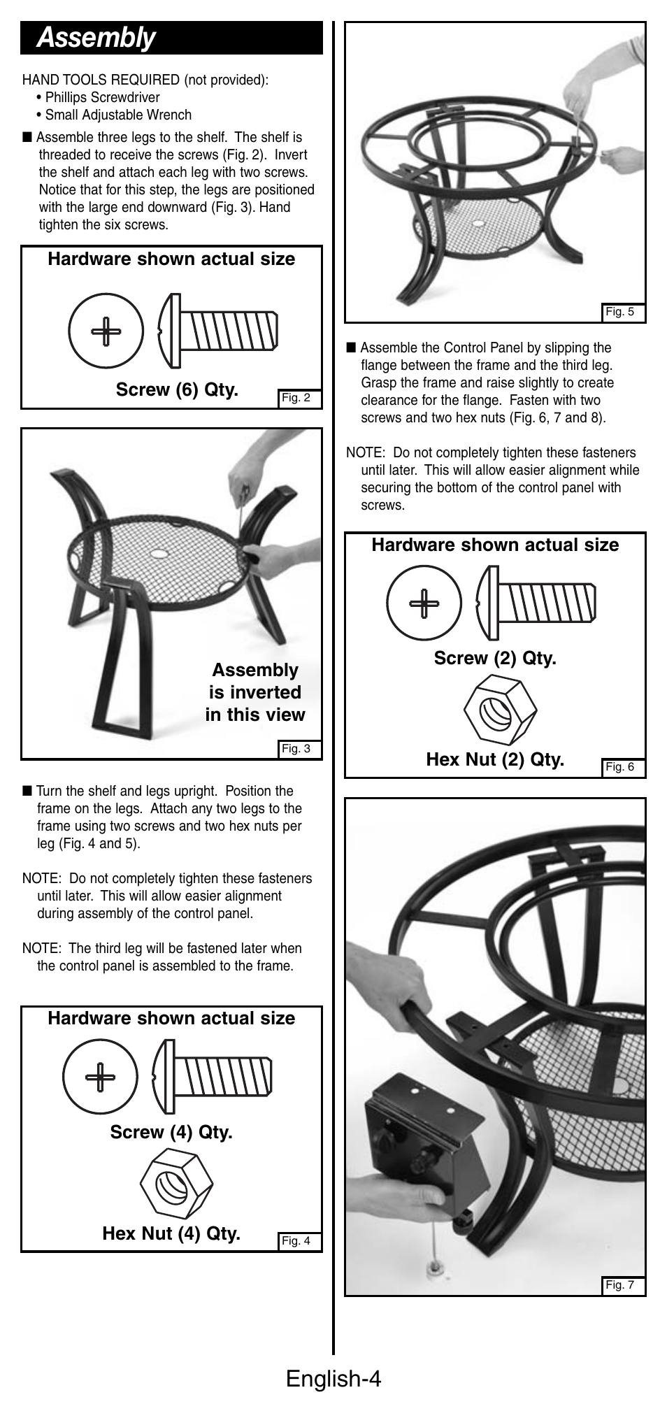 Assembly, English-4, Hardware shown actual size screw (6) qty | Assembly is inverted in this view | Coleman 5071 Series User Manual | Page 5 / 12