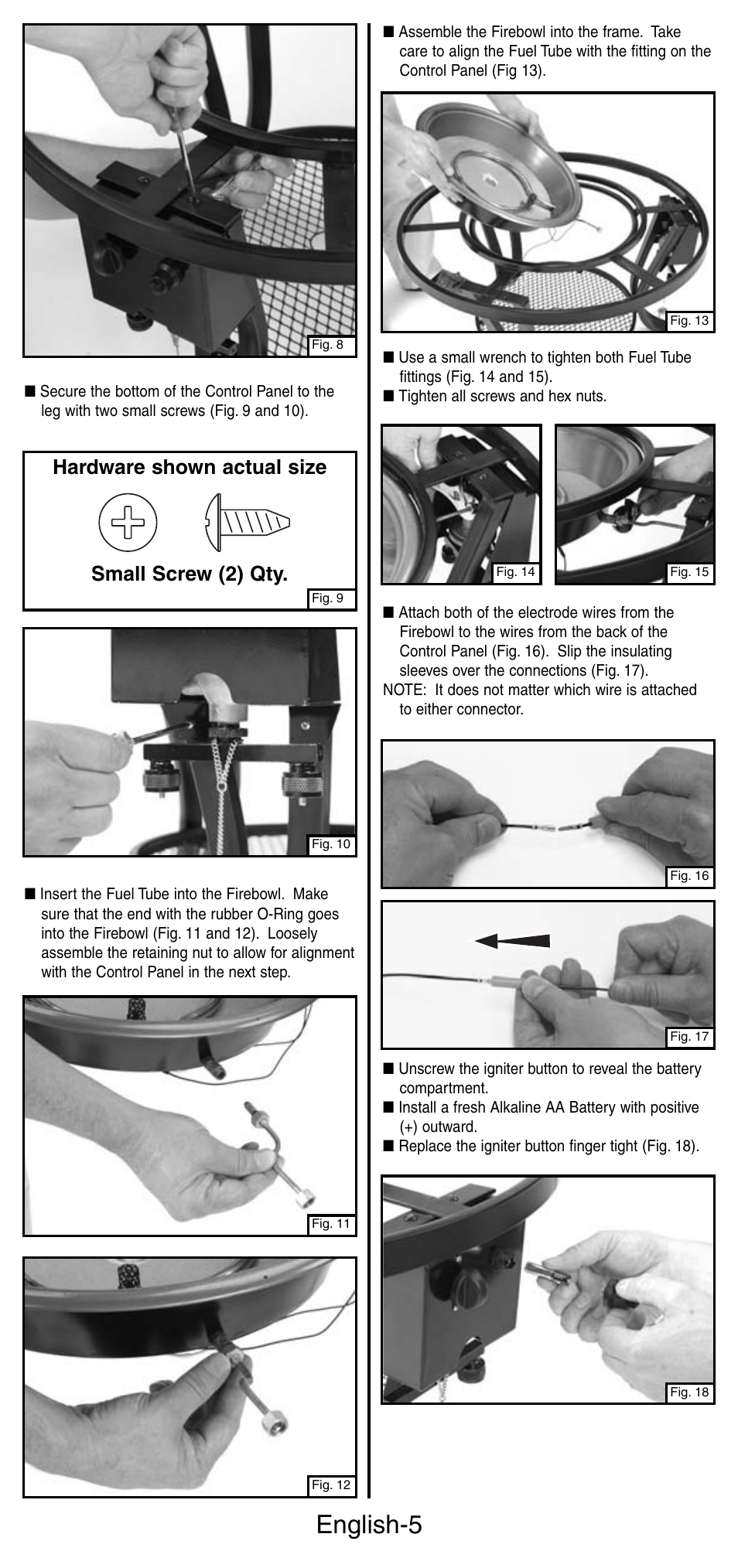 English-5, Small screw (2) qty. hardware shown actual size | Coleman 5071 Series User Manual | Page 6 / 12