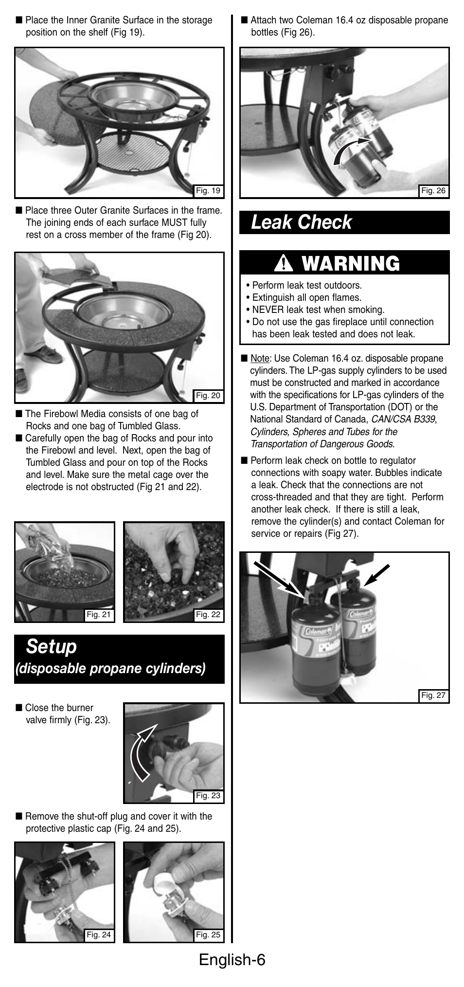 Setup, Warning, Leak check | English-6, Disposable propane cylinders) | Coleman 5071 Series User Manual | Page 7 / 12