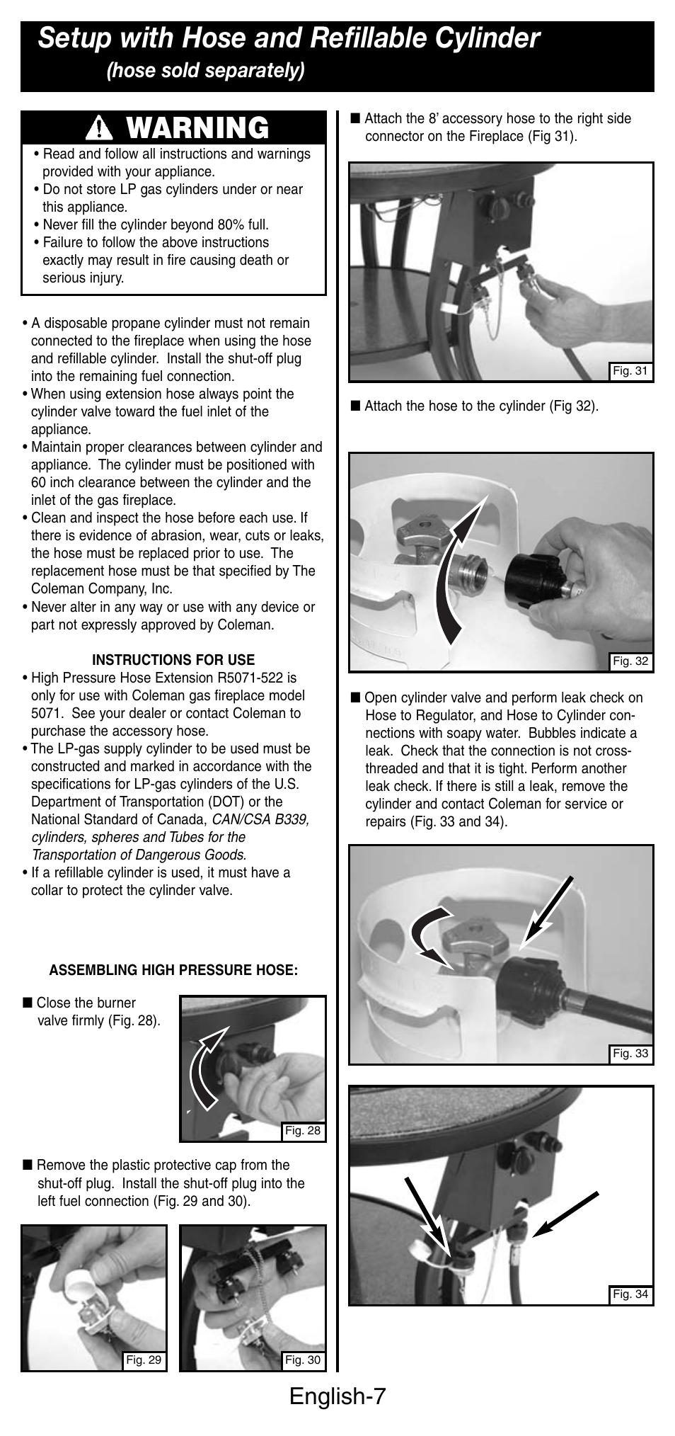 Setup with hose and refillable cylinder, Warning, English-7 | Hose sold separately) | Coleman 5071 Series User Manual | Page 8 / 12