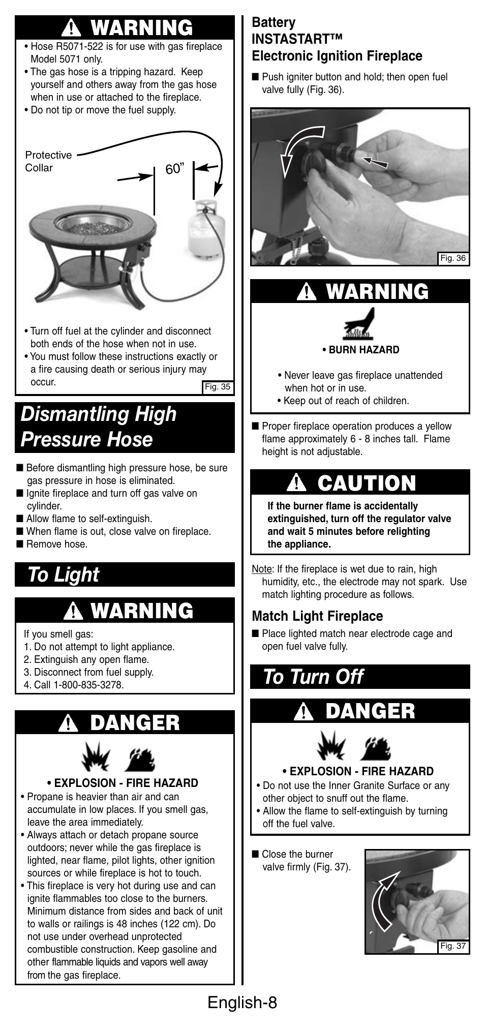 Danger, Dismantling high pressure hose, Warning | Caution, English-8, Battery instastart™ electronic ignition fireplace, Match light fireplace | Coleman 5071 Series User Manual | Page 9 / 12
