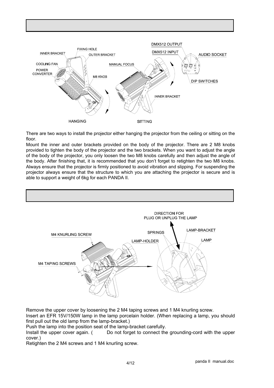 Installing the projector, Fitting the lamp | OmniSistem PR Panda II (KB) User Manual | Page 4 / 12