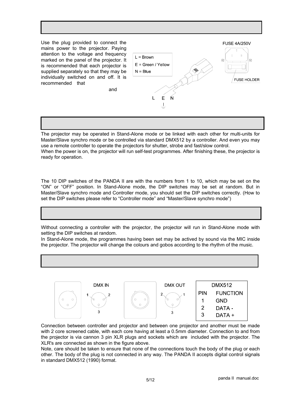 Power supply - mains, Operation, Stand – alone mode | Xlr connectors and terminator | OmniSistem PR Panda II (KB) User Manual | Page 5 / 12