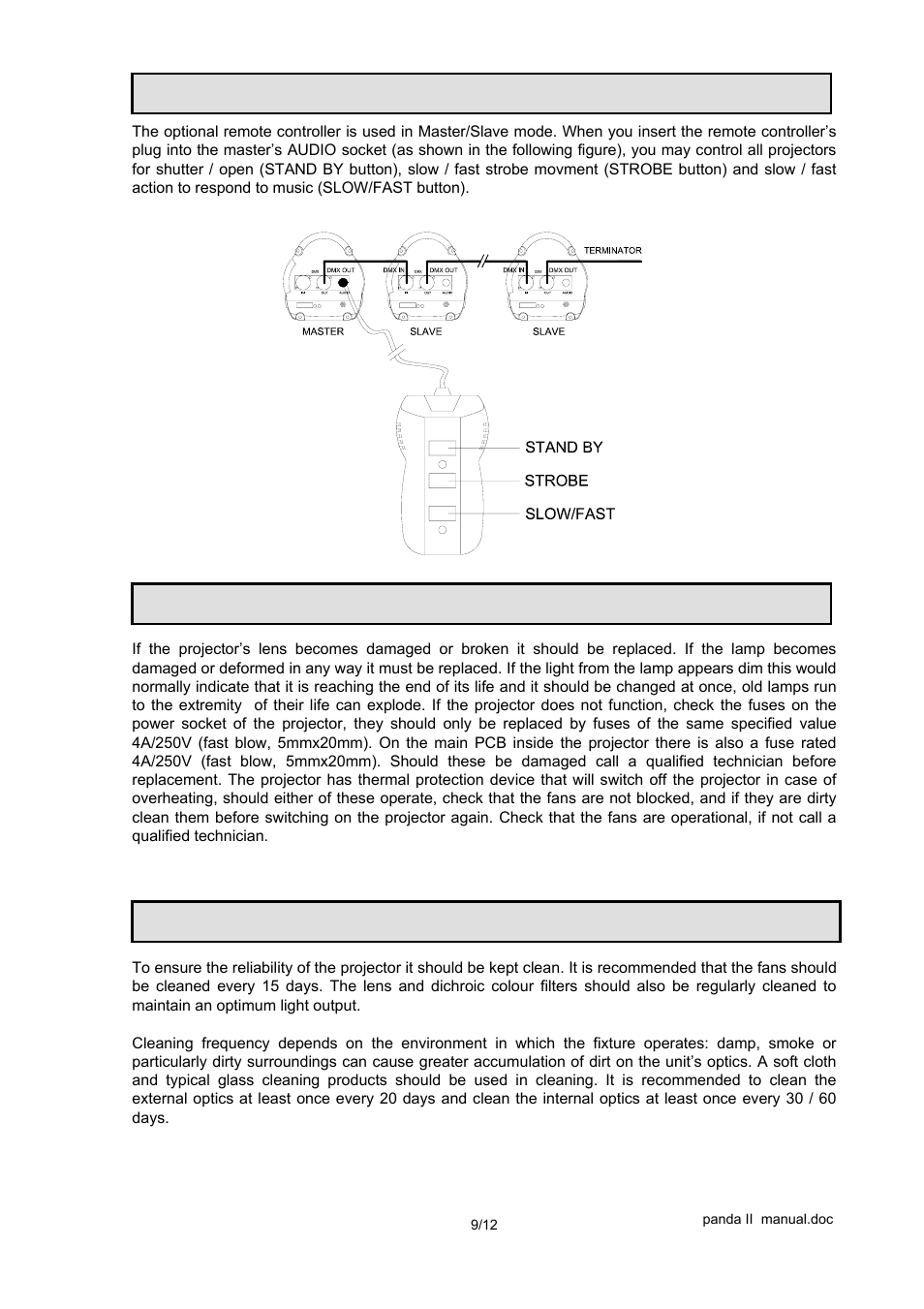 Remote controller mode, Maintenance, Keeping the projector clean | OmniSistem PR Panda II (KB) User Manual | Page 9 / 12