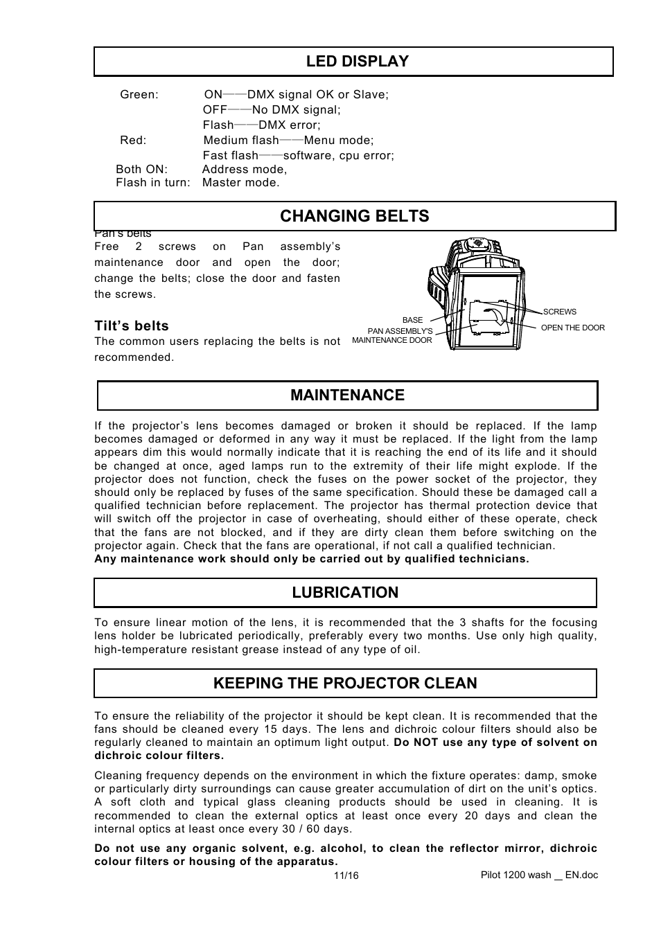 Tilt’s belts, Changing belts | OmniSistem PR Pilot 1200 Wash User Manual | Page 11 / 16