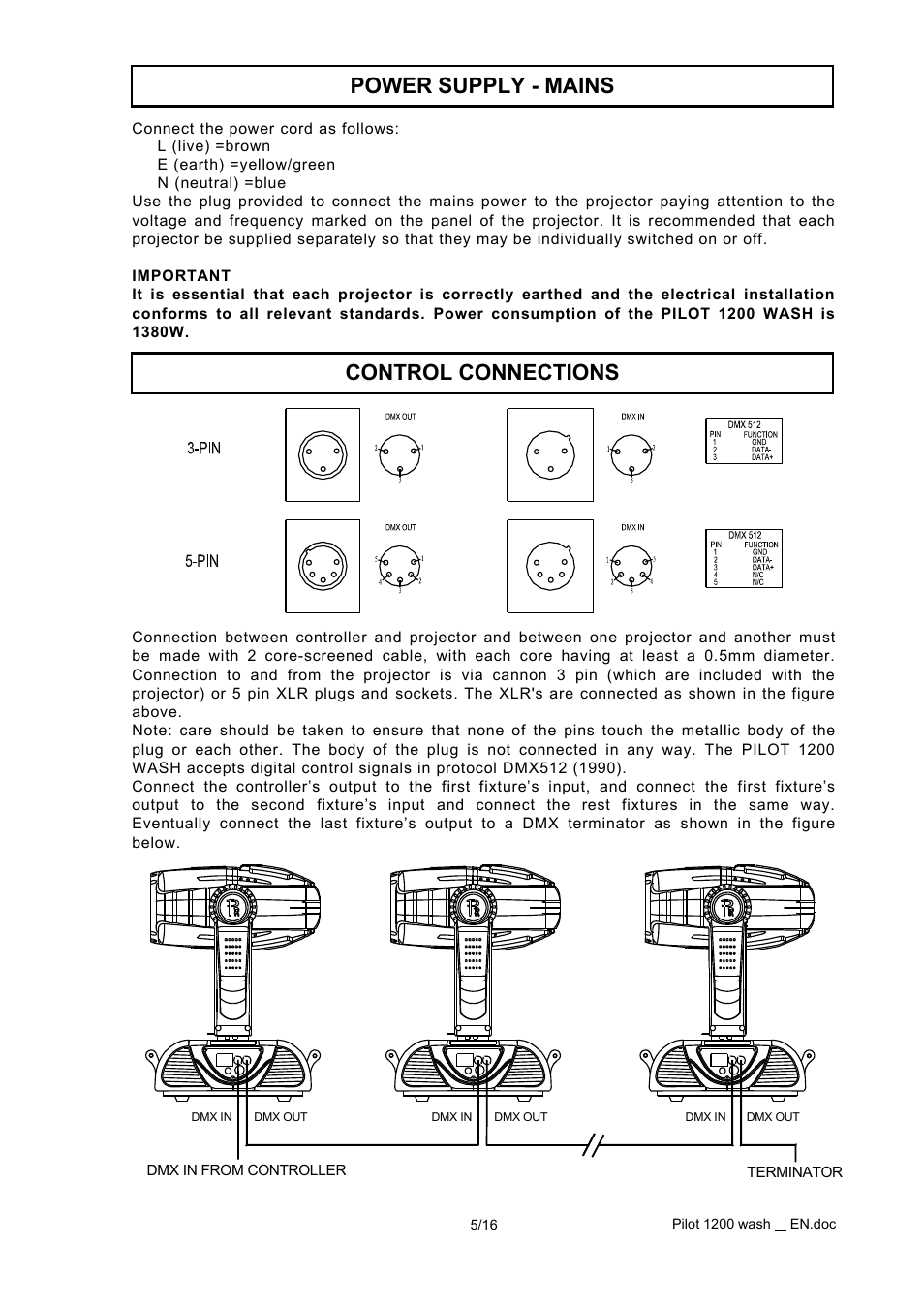 Power supply ­ mains control connections | OmniSistem PR Pilot 1200 Wash User Manual | Page 5 / 16