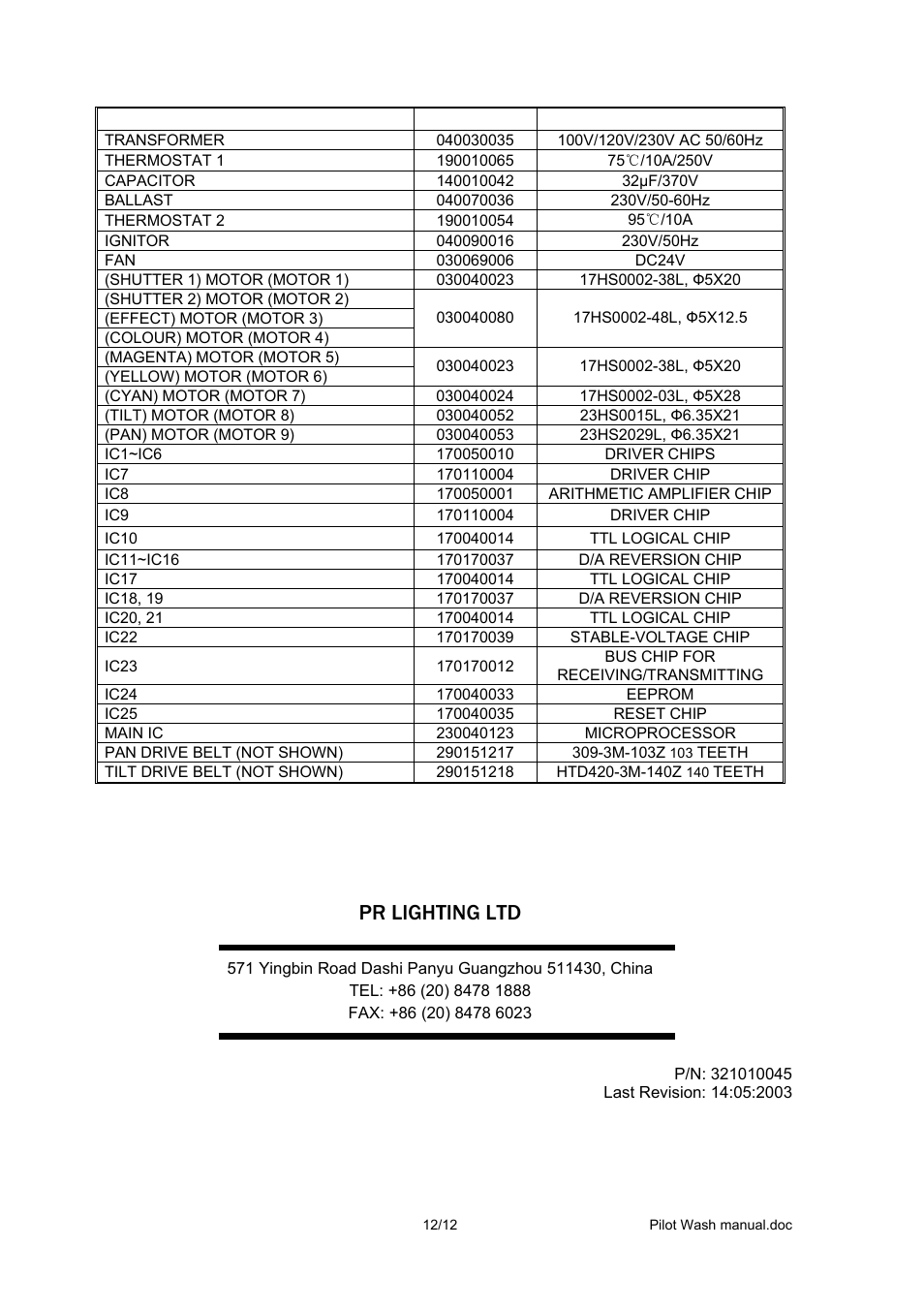 Pr lighting ltd | OmniSistem PR Pilot 250 Wash User Manual | Page 12 / 12