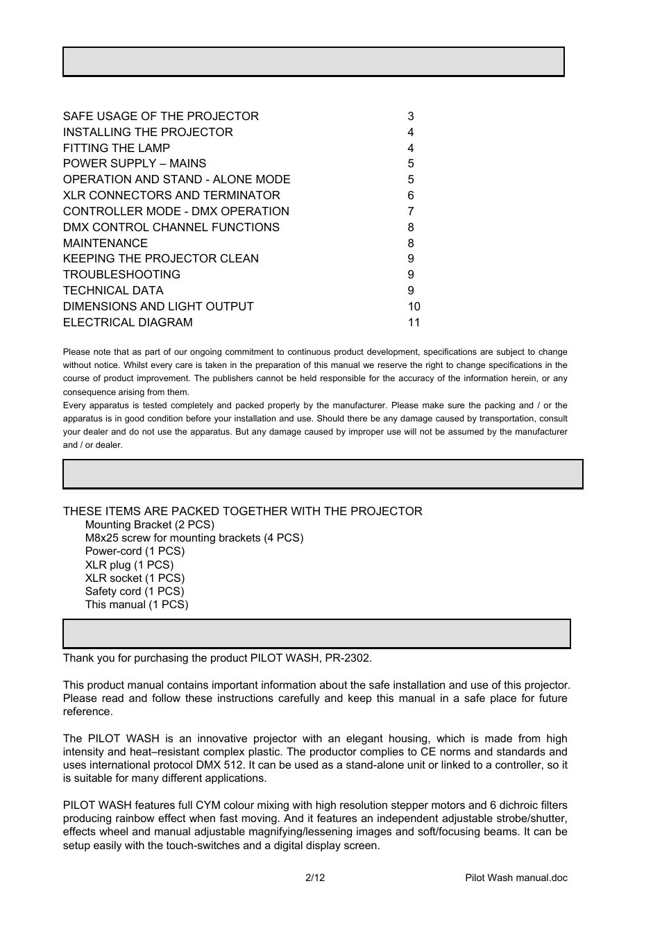 Index, Accessories, Introduction | OmniSistem PR Pilot 250 Wash User Manual | Page 2 / 12