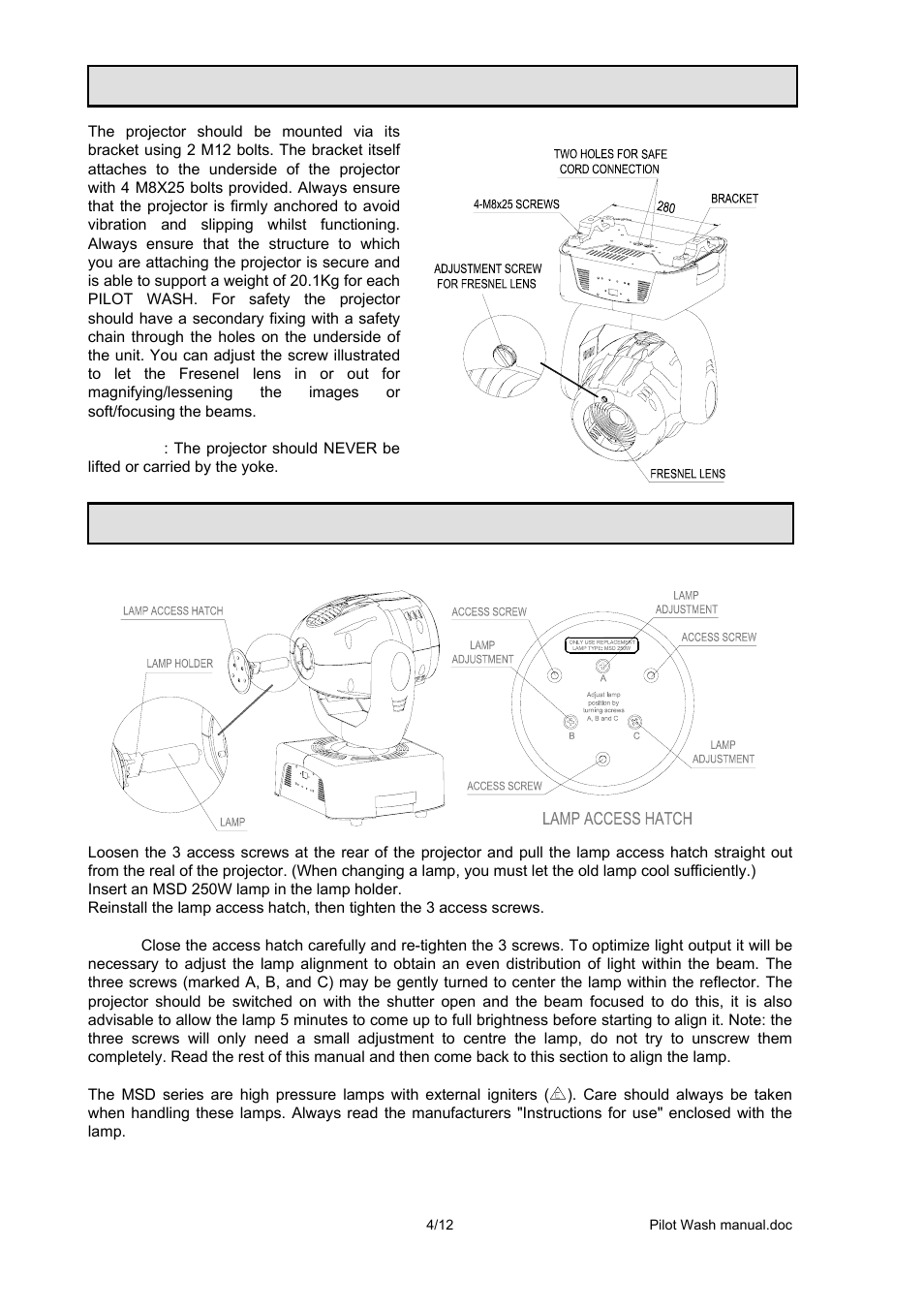 Installing the projector, Fitting the lamp | OmniSistem PR Pilot 250 Wash User Manual | Page 4 / 12