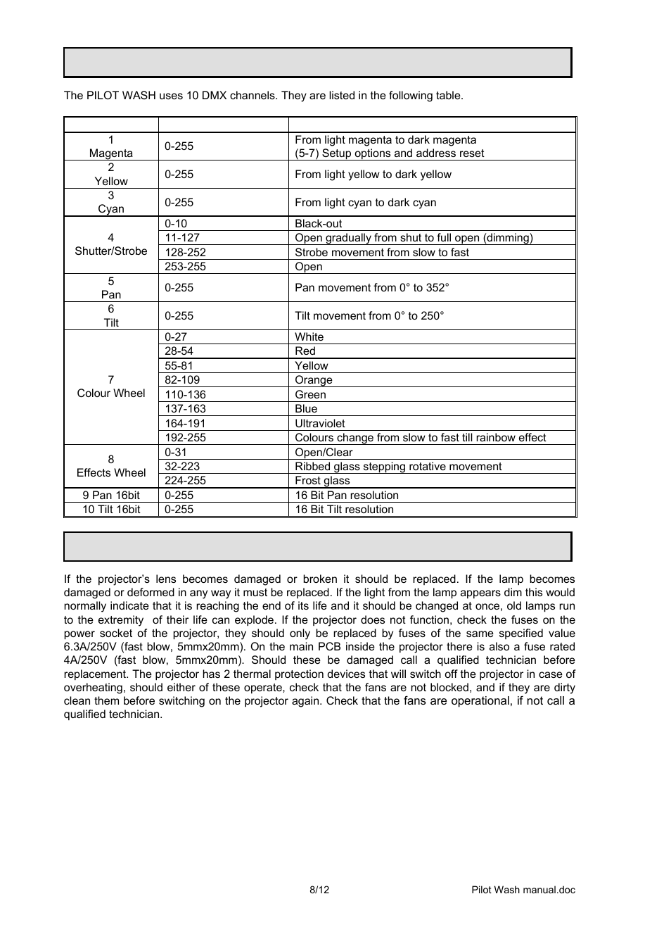 Dmx control channel functions, Maintenance | OmniSistem PR Pilot 250 Wash User Manual | Page 8 / 12