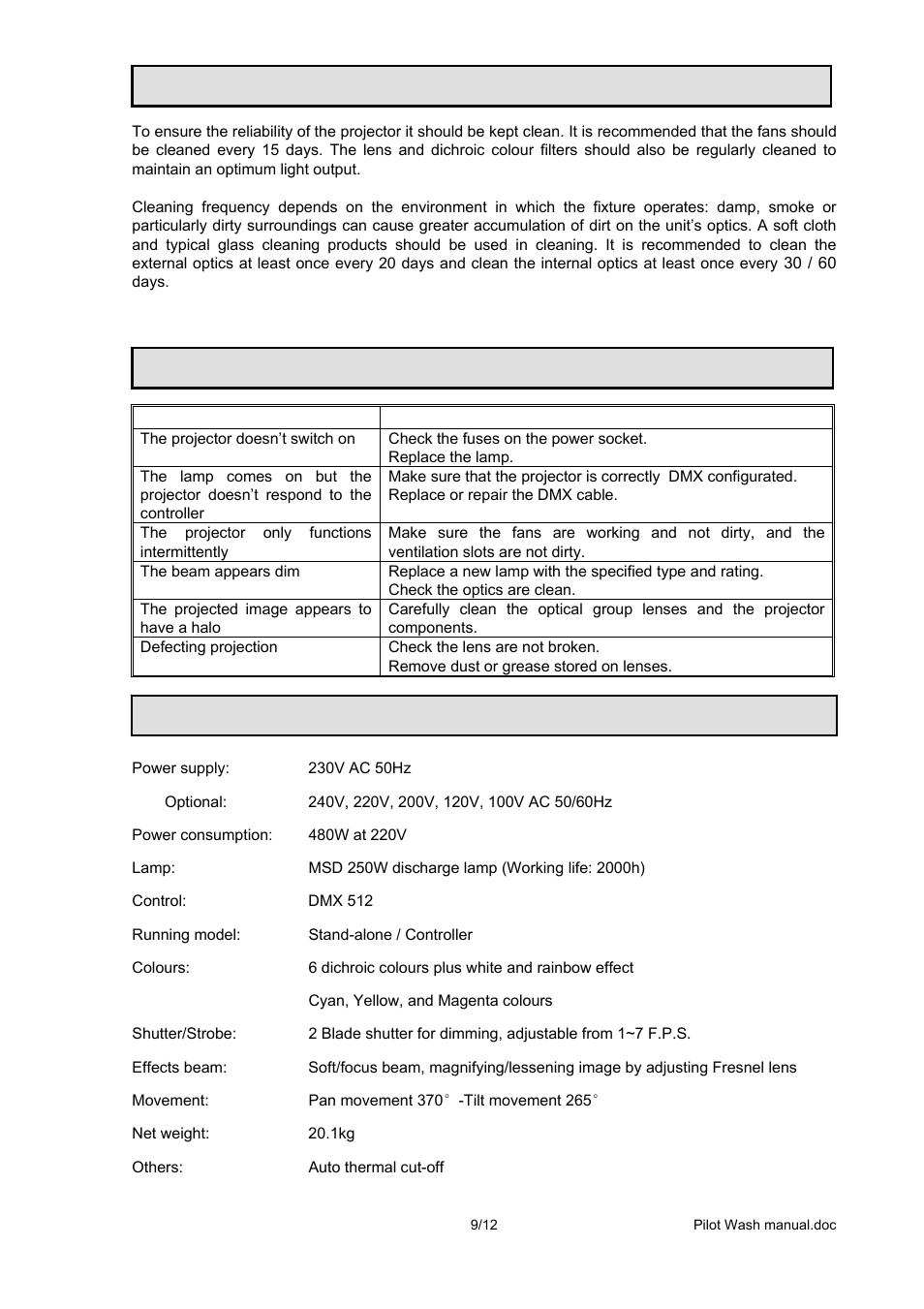 Keeping the projector clean, Troubleshooting, Technical data | OmniSistem PR Pilot 250 Wash User Manual | Page 9 / 12
