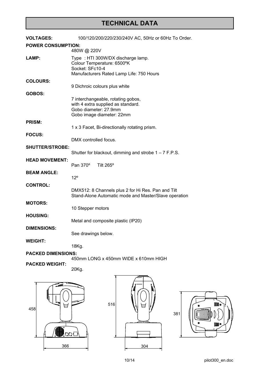 Technical data | OmniSistem PR Pilot 300 User Manual | Page 10 / 14