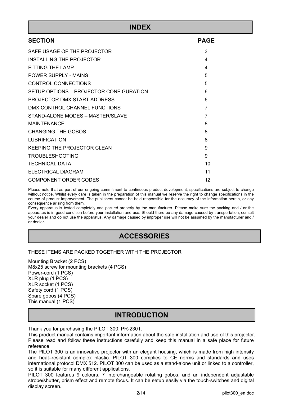Index, Accessories, Introduction | OmniSistem PR Pilot 300 User Manual | Page 2 / 14