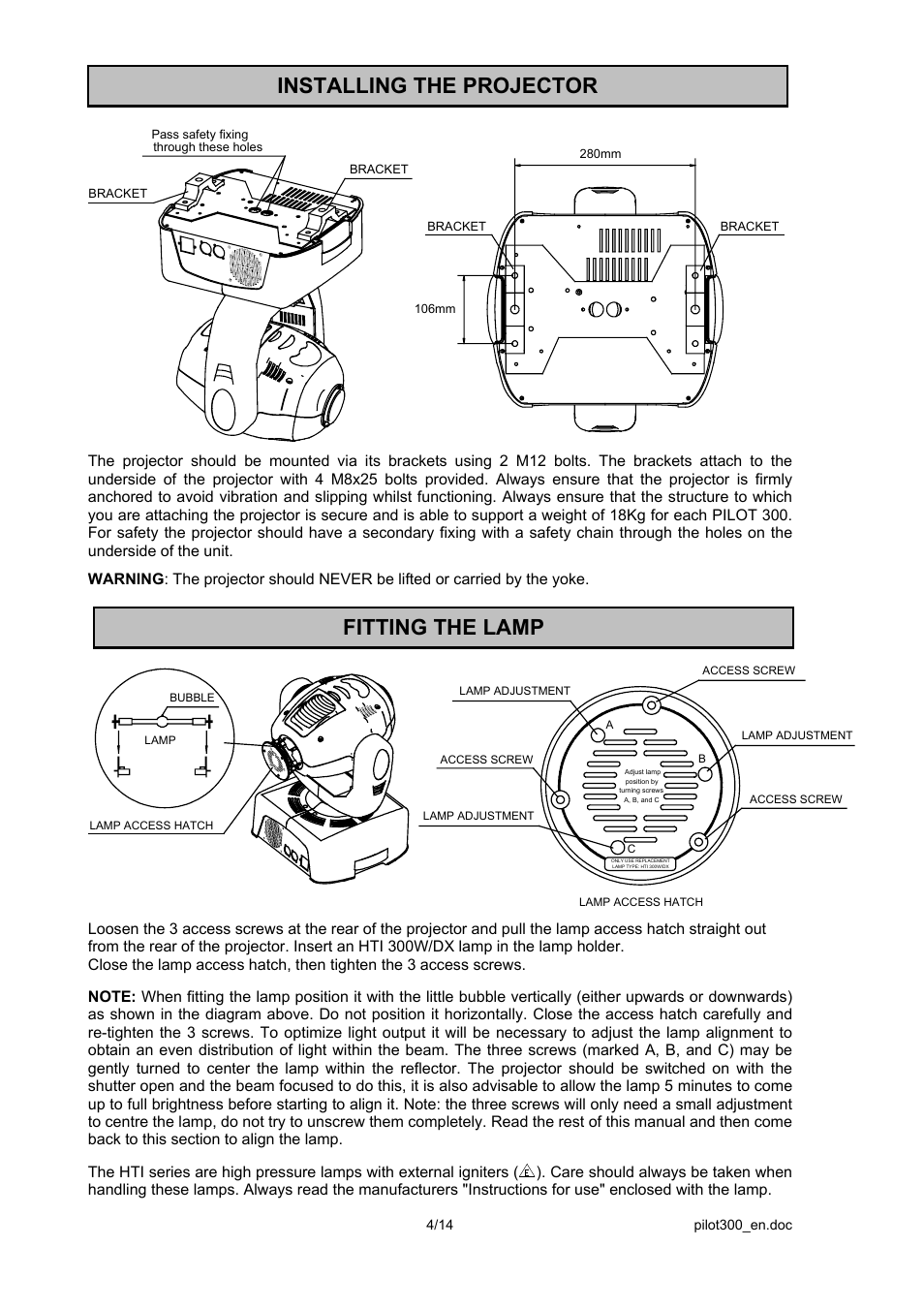 Installing the projector, Fitting the lamp | OmniSistem PR Pilot 300 User Manual | Page 4 / 14