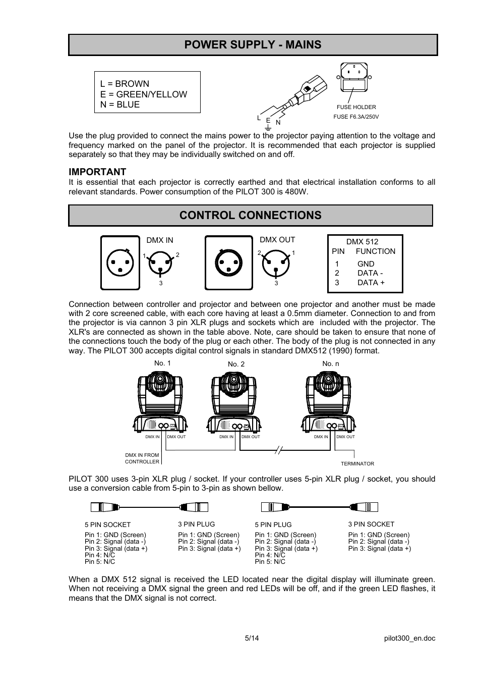 Power supply - mains, Control connections, Important | L = brown e = green/yellow n = blue | OmniSistem PR Pilot 300 User Manual | Page 5 / 14