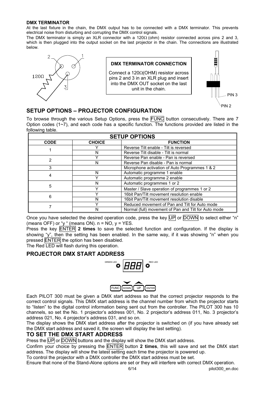 Setup options – projector configuration, Setup options, Projector dmx start address | OmniSistem PR Pilot 300 User Manual | Page 6 / 14