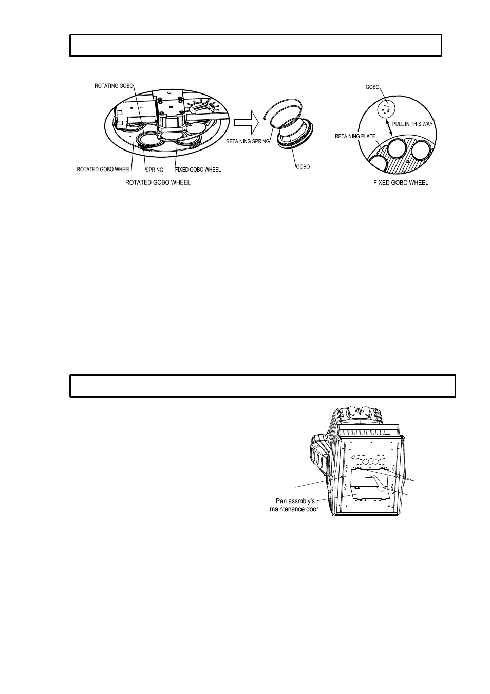 Changing belts, Replacing gobos, Pan’ s belts | Tilt’ s belts | OmniSistem PR Pilot 575 User Manual | Page 9 / 22