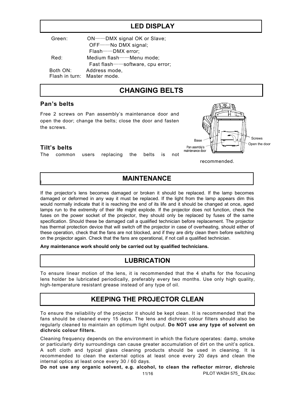Pan’s belts, Tilt’s belts, Changing belts | OmniSistem PR Pilot 575 Wash User Manual | Page 11 / 16
