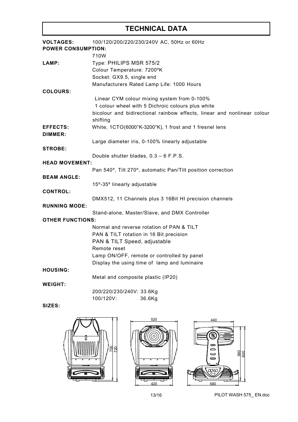 Technical data | OmniSistem PR Pilot 575 Wash User Manual | Page 13 / 16