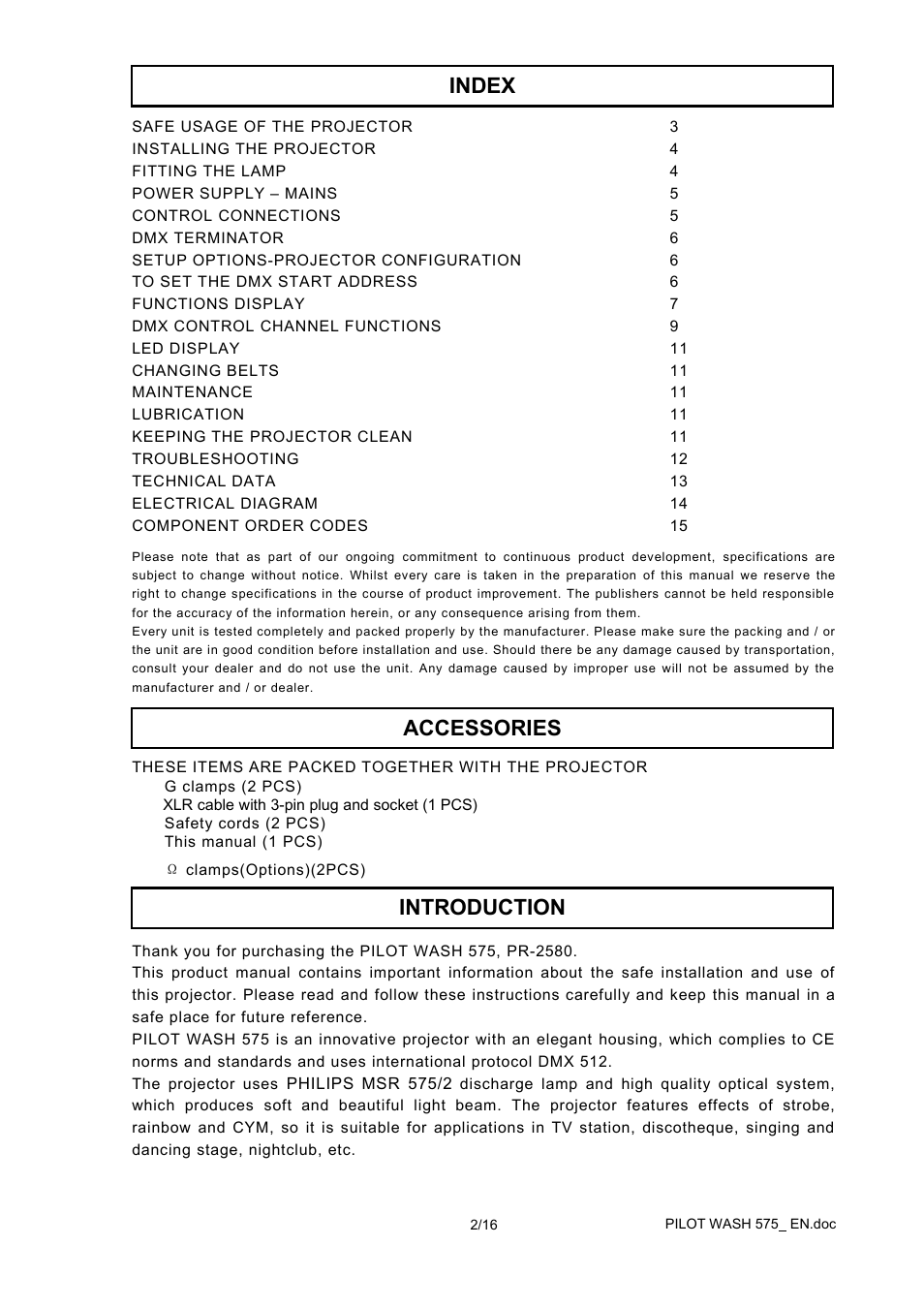 Accessories index introduction | OmniSistem PR Pilot 575 Wash User Manual | Page 2 / 16