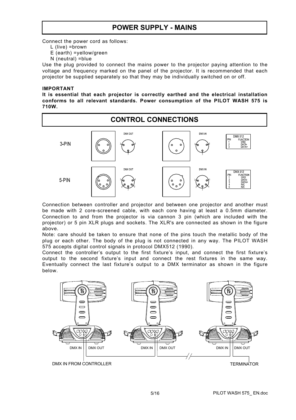 Power supply ­ mains control connections | OmniSistem PR Pilot 575 Wash User Manual | Page 5 / 16